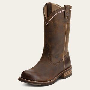 ARIAT Unbridled Roper Western Boot Distressed Brown Leather Pink Accents 8M